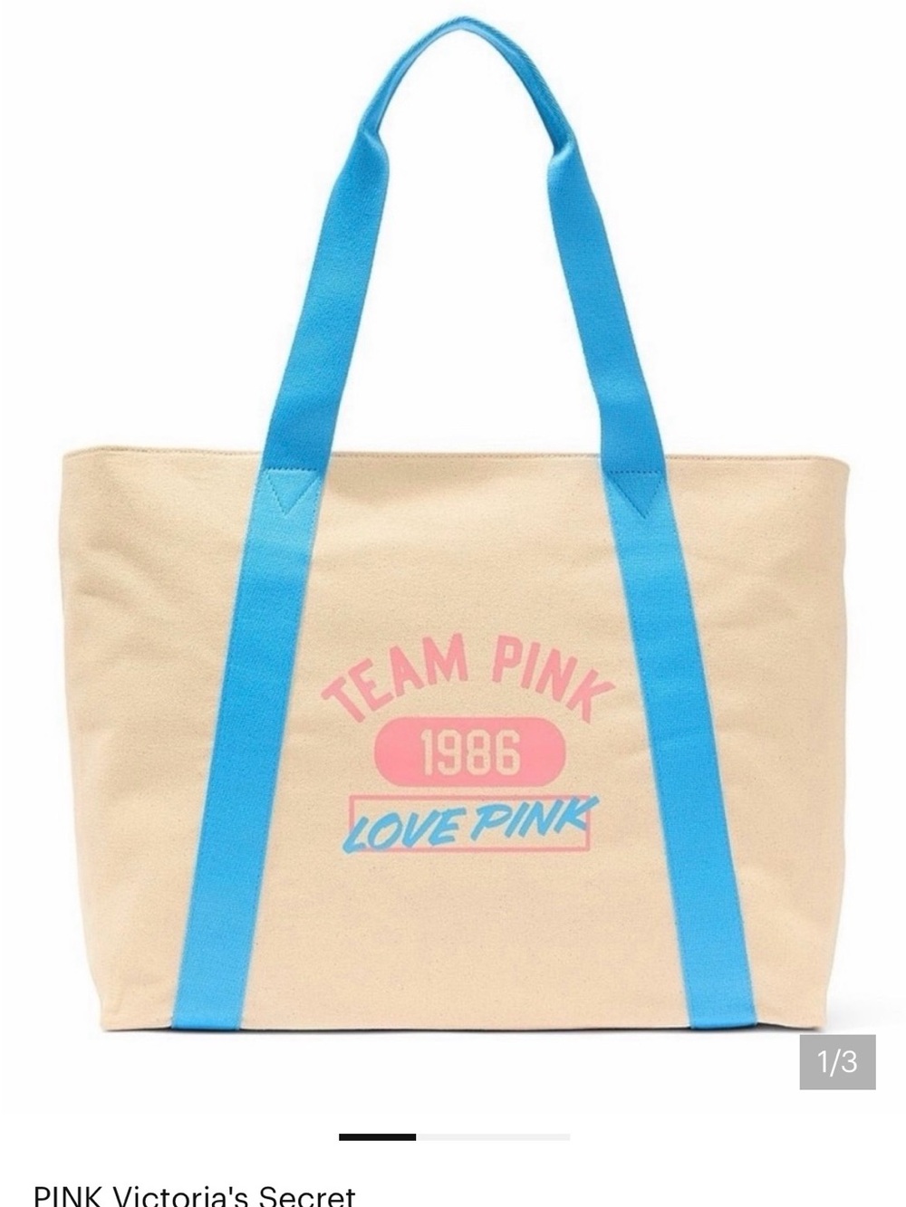 PINK Victoria's Secret Beige Canvas Tote with Blue Straps and Pink Logo